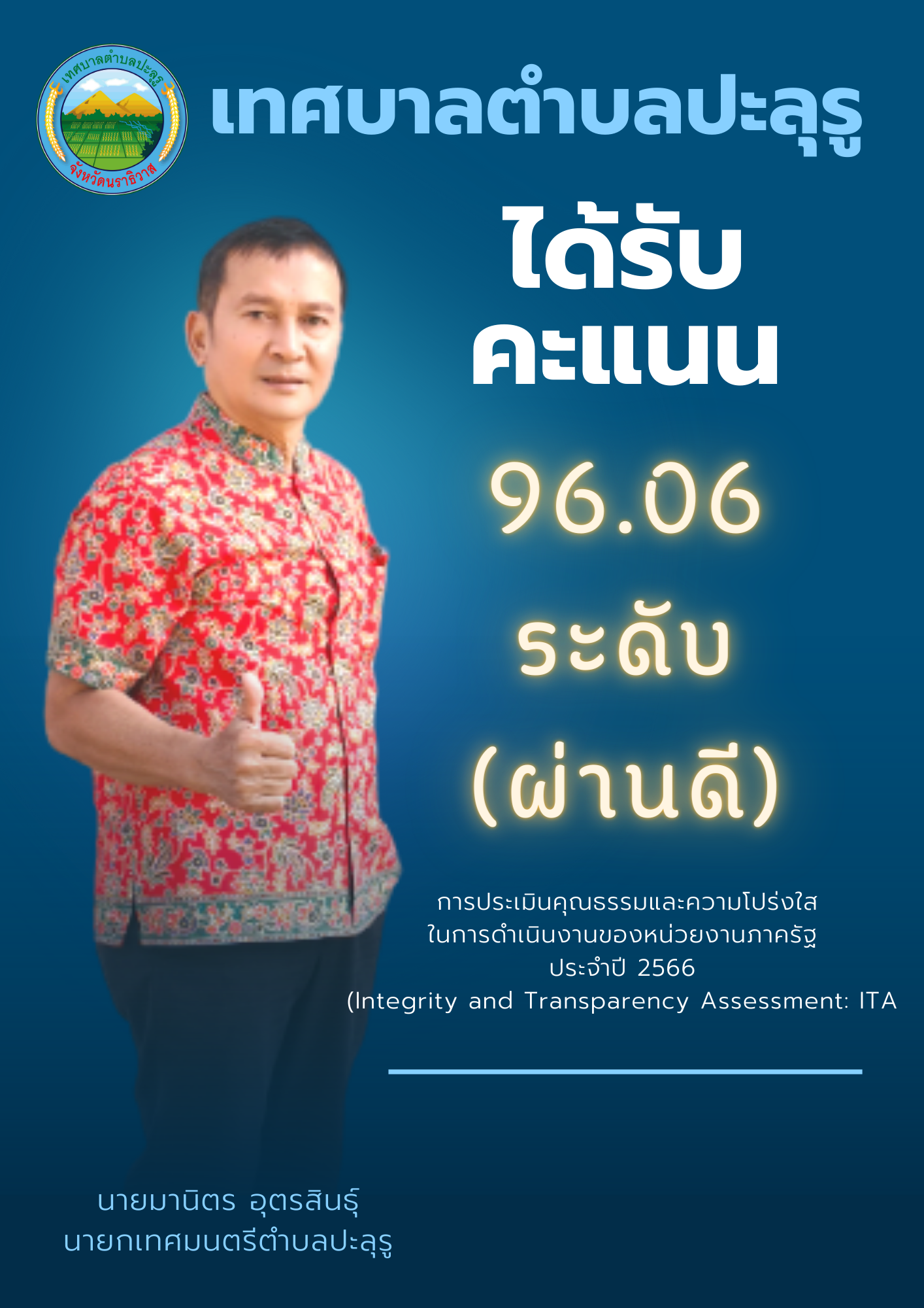ผลการประเมินคุณธรรมและความโปร่งใสในการดำเนินงานของหน่วยงานภาครัฐ ประจำปี2566 (Integrity and Transparency Assessment: ITA 2023) เทศบาลตำบลปะลุรู ได้รับคะแนน 96.06 คะแนน ระดับ(ผ่านดี)
