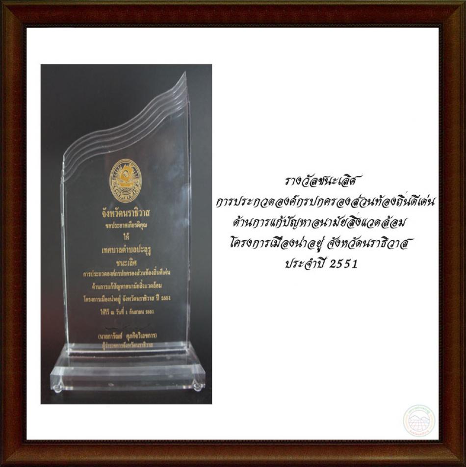 รางวัลชนะเลิศการปกครององค์กรปกครองส่วนท้องถิ่นดีเด่นด้านการแก้ปัญหาอนามัยสิ่งแวดล้อม โครงการเมืองน่าอยู่ จังหวัดนราธิวาส ประจำปี2551