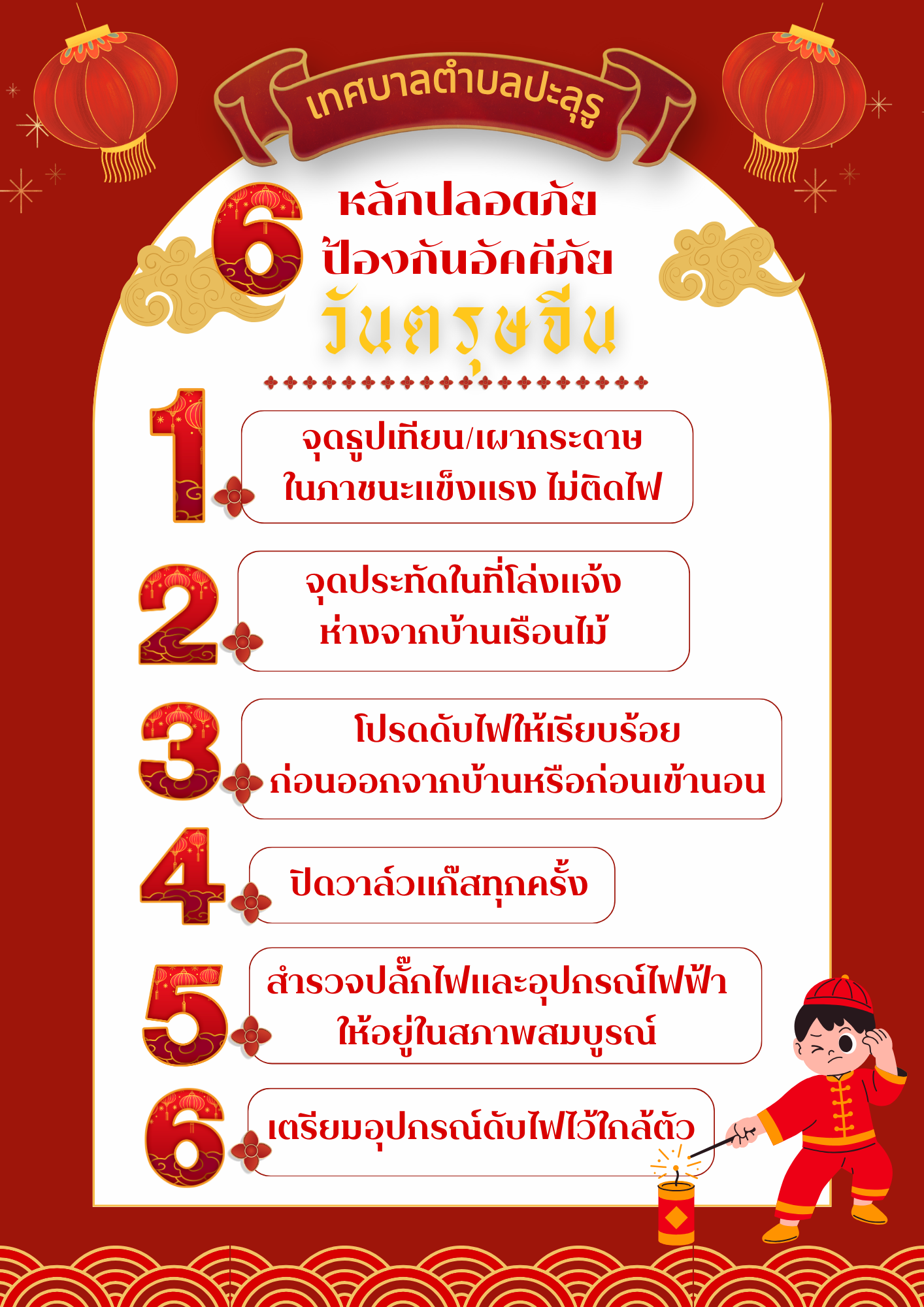   เทศบาลตำบลปะลุรู  จึงมีวิธีป้องกันอัคคีภัยอย่างง่าย มาแนะนำ 6 หลักปลอดภัย ป้องกันอัคคีภัย วันตรุษจีน 